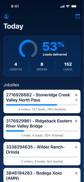 App screen for CEMEX Track showing the jobsites list
