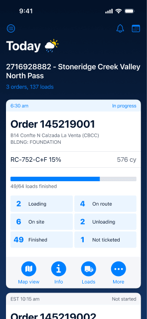 App screen for CEMEX Track showing a large concrete order